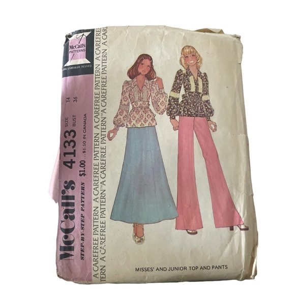 McCalls 4133 Vintage Sewing Pattern Maxi Skirt, Bell Bottoms, Peasant Top 14 - Picture 1 of 2